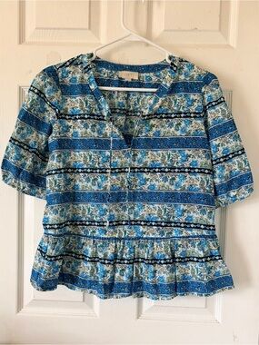 LOFT Blue Floral Peplum Blouse with V-Neck